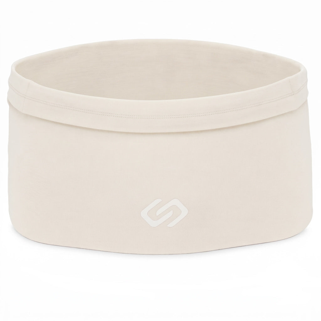 An off-white athletic running waist band with a subtle embossed logo on the front, photographed against a seamless white background.